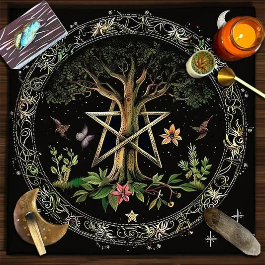 Pentagram Tree Of Life Pagan Altar Cloth - Witch Tarot Tablecloth for Reading Divination Wicca Home Decor-MoonChildWorld
