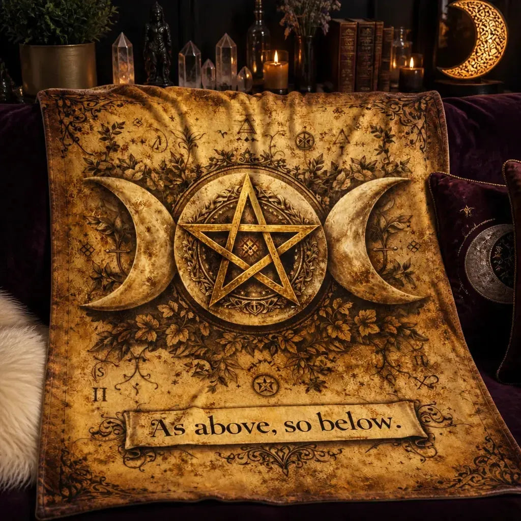 Pentagram Triple Moon Wicca Blanket - Pagan Symbol Blanket "As above so below"_mockup_3.webp
