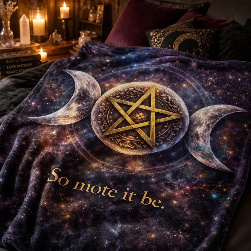 Pentagram Triple Moon Wicca Blanket - Pagan Symbol Blanket "So Mote It Be"_mockup_3.webp