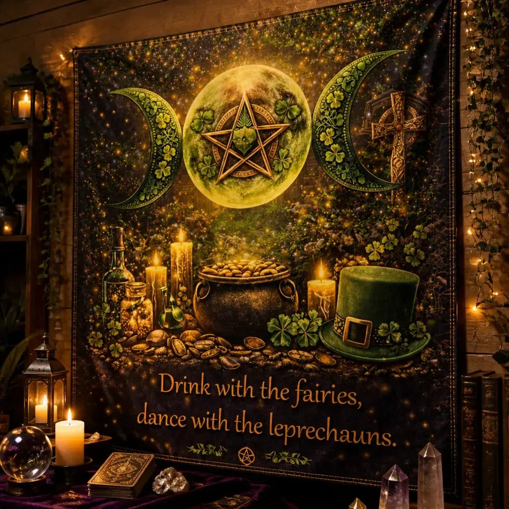 Pentagram Triple Moon Wicca Tapestry for St Patrick Day - Pagan Spiritual Altar Wall Hanging_mockup_3.webp