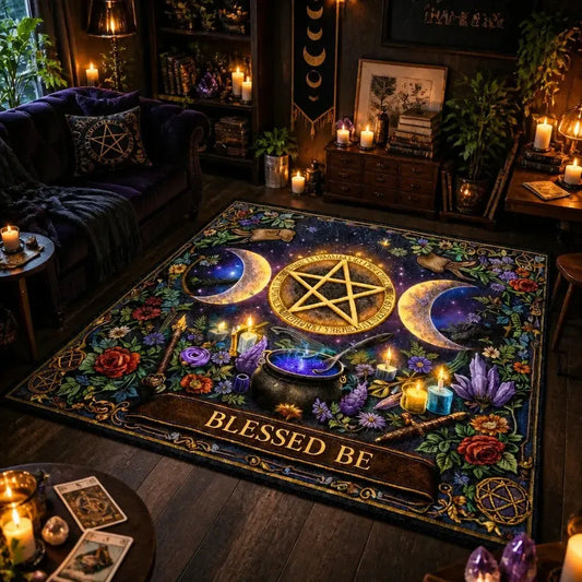 Pentagram Triple Moon Witchy Area Rug – Wiccan Spiritual Carpet for Pagan Altar_mockup_1.webp