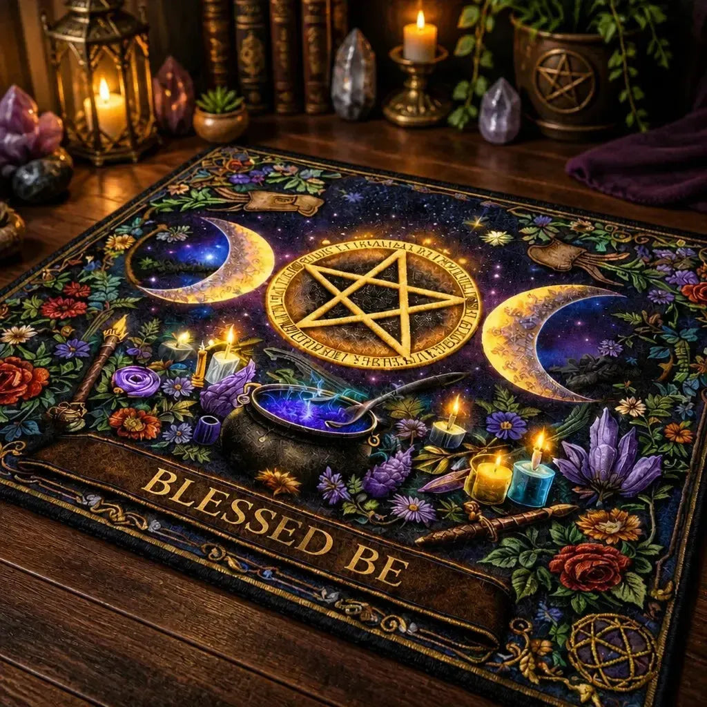 Pentagram Triple Moon Witchy Area Rug – Wiccan Spiritual Carpet for Pagan Altar_mockup_3.webp