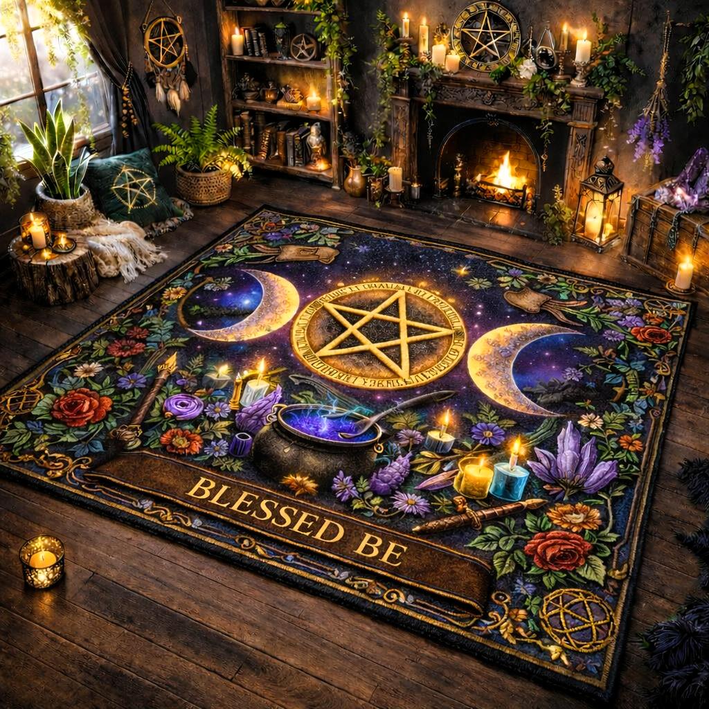 Pentagram Triple Moon Witchy Area Rug – Wiccan Spiritual Carpet for Pagan Altar-MoonChildWorld
