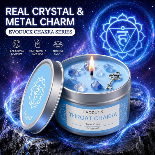 Throat chakra candle with lapis lazuli crystal close-up