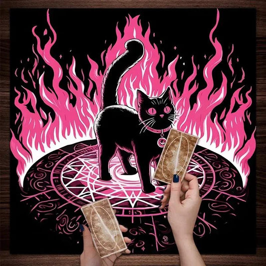 Pink Flame Black Cat Witchy Altar Cloth Witchcraft Tablecloth For Rituals, Tarot Reading & Home Decor-MoonChildWorld