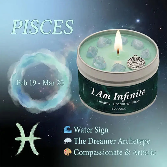 Pisces Zodiac Candle, Feb 19 to Mar 20, with aquamarine crystals in wax - Water Sign, The Dreamer Archetype, Compassionate and Artistic