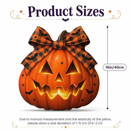 Size guide showing 16 inch / 40 cm: decorative plush pillow featuring jack-o-lantern with buffalo-plaid bow artwork