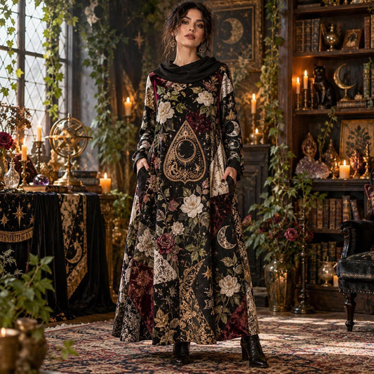 Planchette Night Garden Witchy Cowl Neck Dress โ Gothic Rose Maxi โ worn, front view