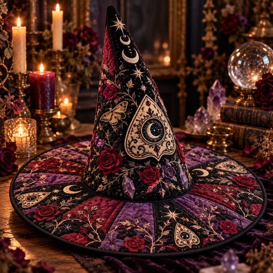 Planchette Quilted Witch Hat โ Gothic Spirit Board Rose Wide Brim Hat โ styled with candles and crystals