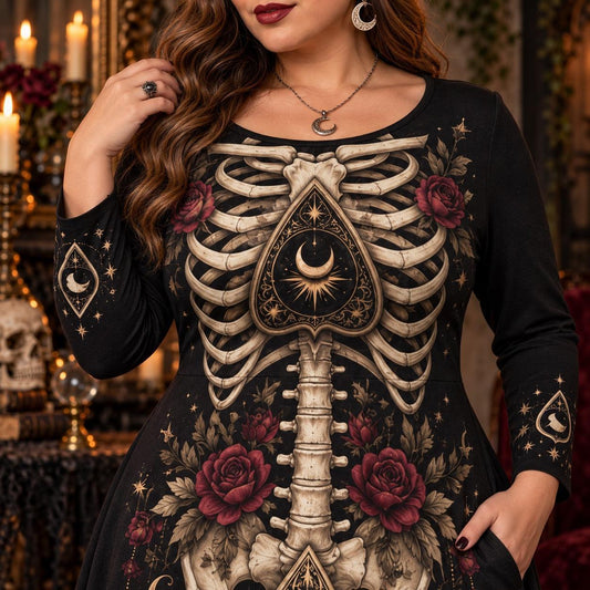 Planchette Skeleton Plus Size Witch Dress – Gothic Rose Long Sleeve Maxi – close up of the printed artwork