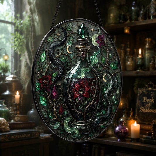 Poison Garden Potion Vial Glass Suncatcher - hanging view