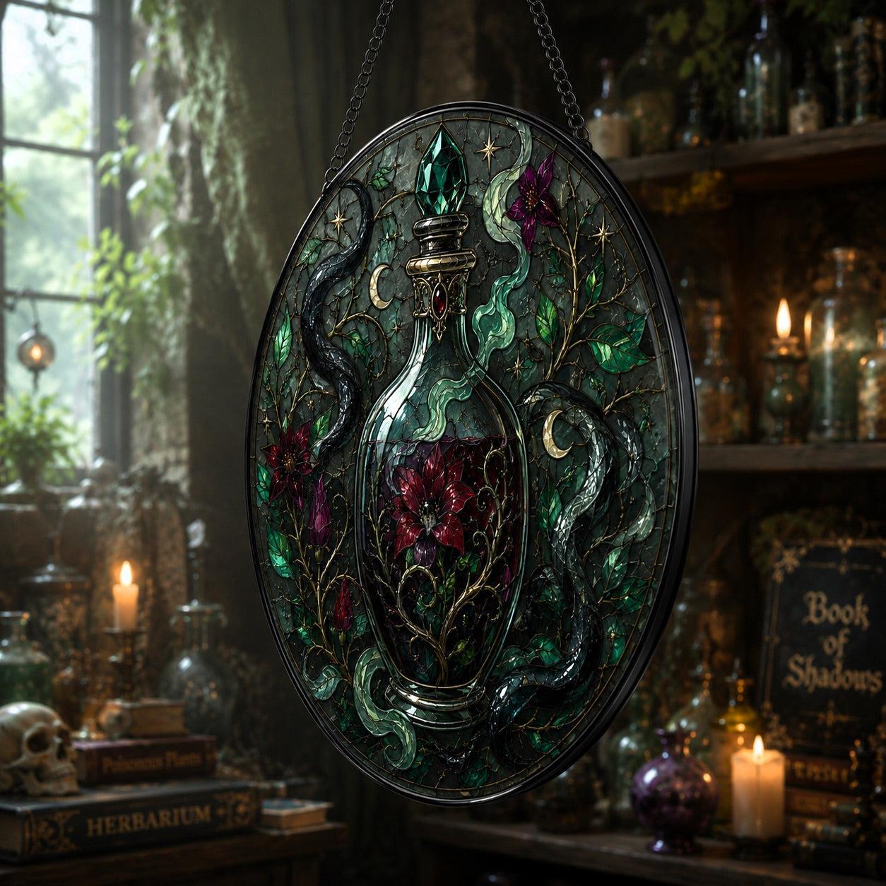 Poison Garden Potion Vial Glass Suncatcher - close up detail