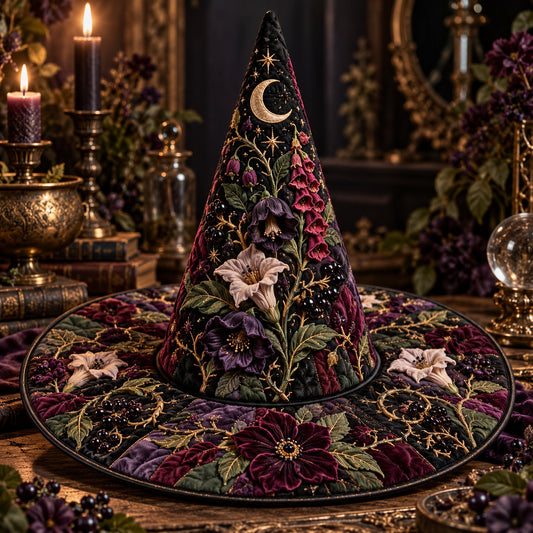 Poison Garden Quilted Witch Hat โ Foxglove Nightshade Wide Brim Hat โ styled with candles and crystals