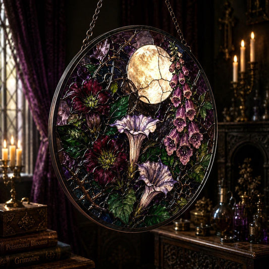 Poisonous Moon Garden Glass Suncatcher - hanging view