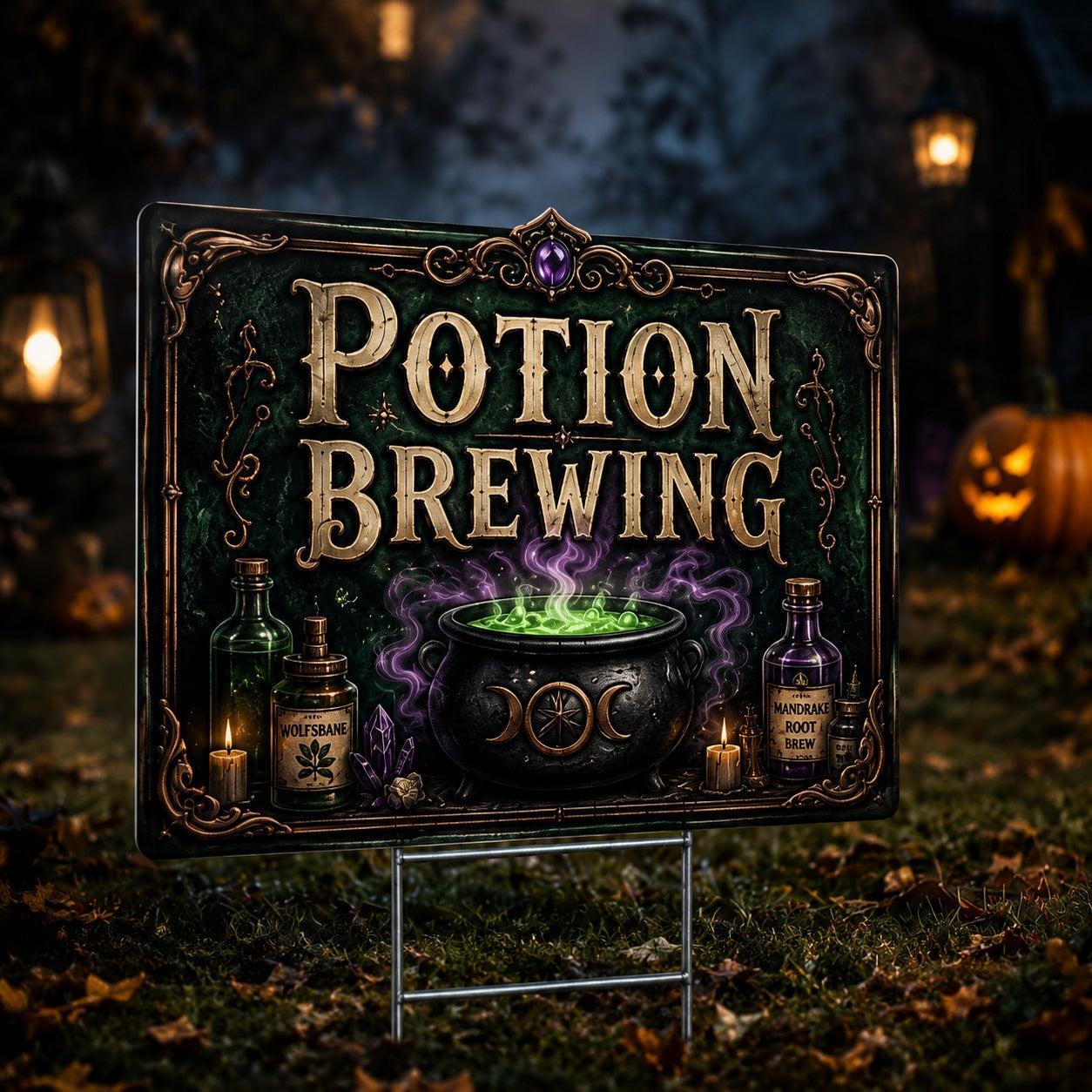 Potion Brewing at Halloween Night Yard Sign - porch scene