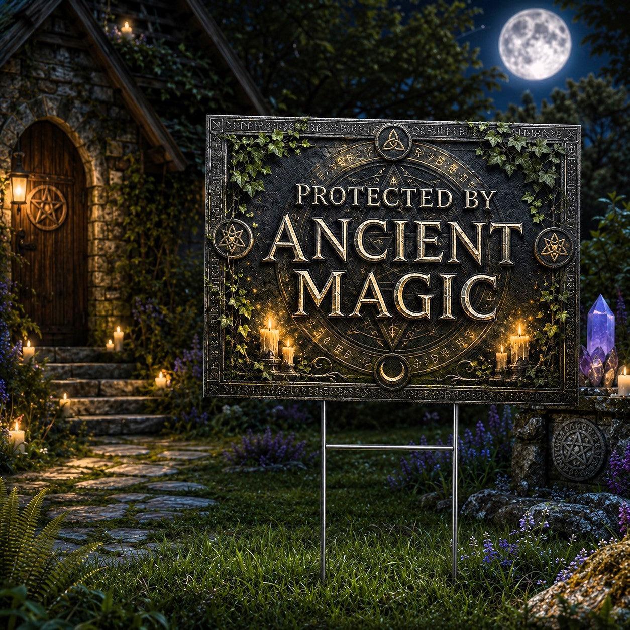Protected by Ancient Magic Wicca Yard Sign - porch scene