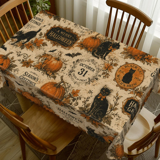 Pumpkin black cat Halloween tablecloth with retro spooky decor