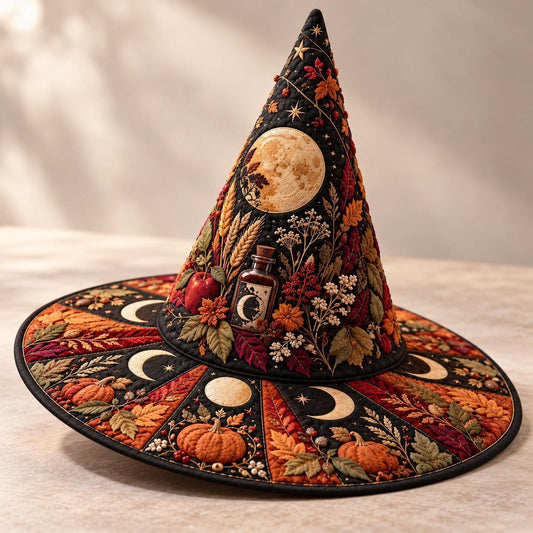 Pumpkin Harvest Quilted Witch Hat โ Apple Moon Pagan Brim Hat โ studio shot on a white background
