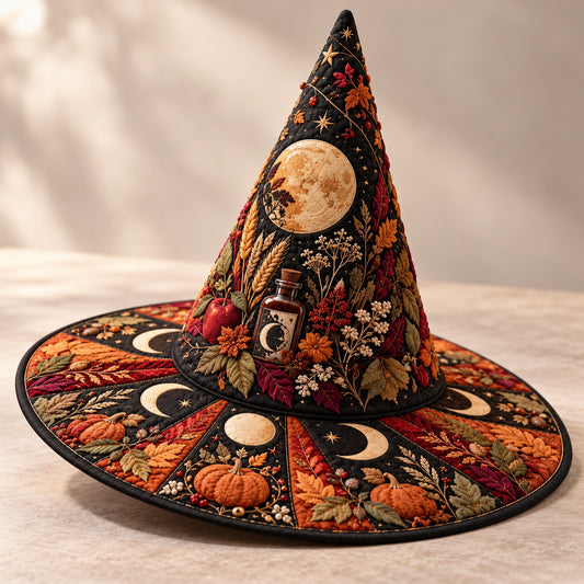 Pumpkin Harvest Quilted Witch Hat โ Apple Moon Pagan Brim Hat โ studio shot on a white background