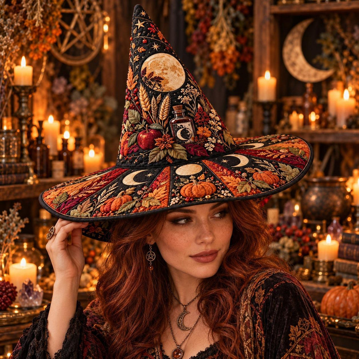 Pumpkin Harvest Quilted Witch Hat – Apple Moon Pagan Brim Hat – worn by a model