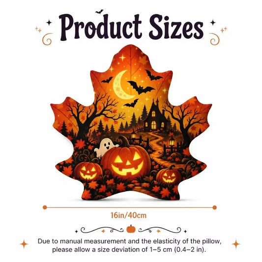 Size guide showing 16 inch / 40 cm: decorative plush pillow featuring maple leaf with jack-o-lantern, haunted house and bats