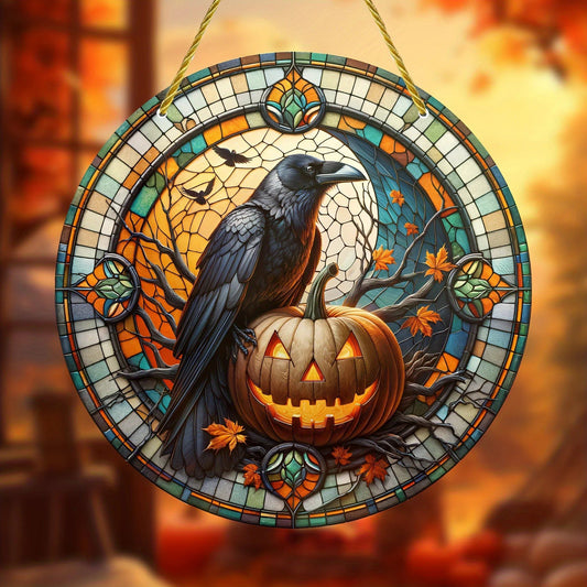 Pumpkin Raven Suncatcher Gothic Crow Acrylic Sign Halloween Decoration-MoonChildWorld