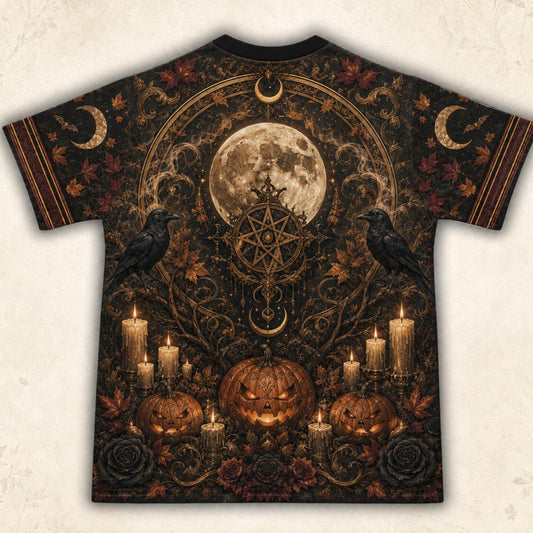 Pumpkin Throne Witch T-Shirt Raven Candle Halloween Gothic Tee back view