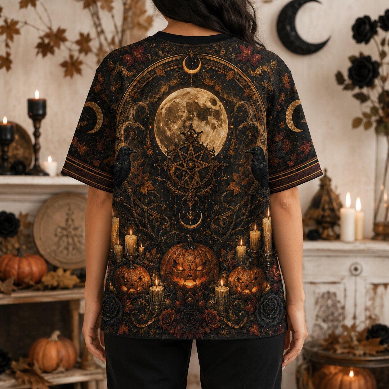 Pumpkin Throne Witch T-Shirt Raven Candle Halloween Gothic Tee worn, back view