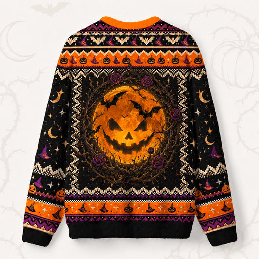 Pumpkin Witch Sweater Black Cat Jack O Lantern Halloween Knit back view