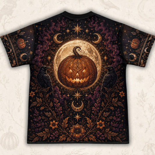 Three Witches Pumpkin T-Shirt Harvest Moon Raven Samhain Tee back view