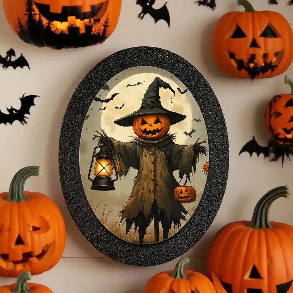 Pumpkin-headed Scarecrow Halloween Wooden Oval Frame - Witch Gothic Wall Art-MoonChildWorld