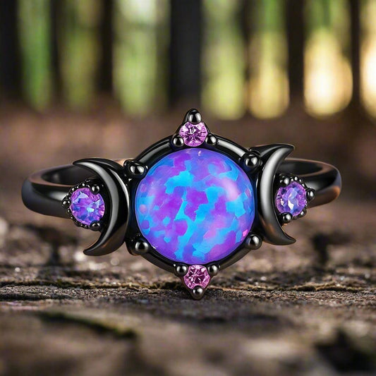Purple Crystal Triple Moon Black Rings for Wiccan Pagan Jewelry-MoonChildWorld