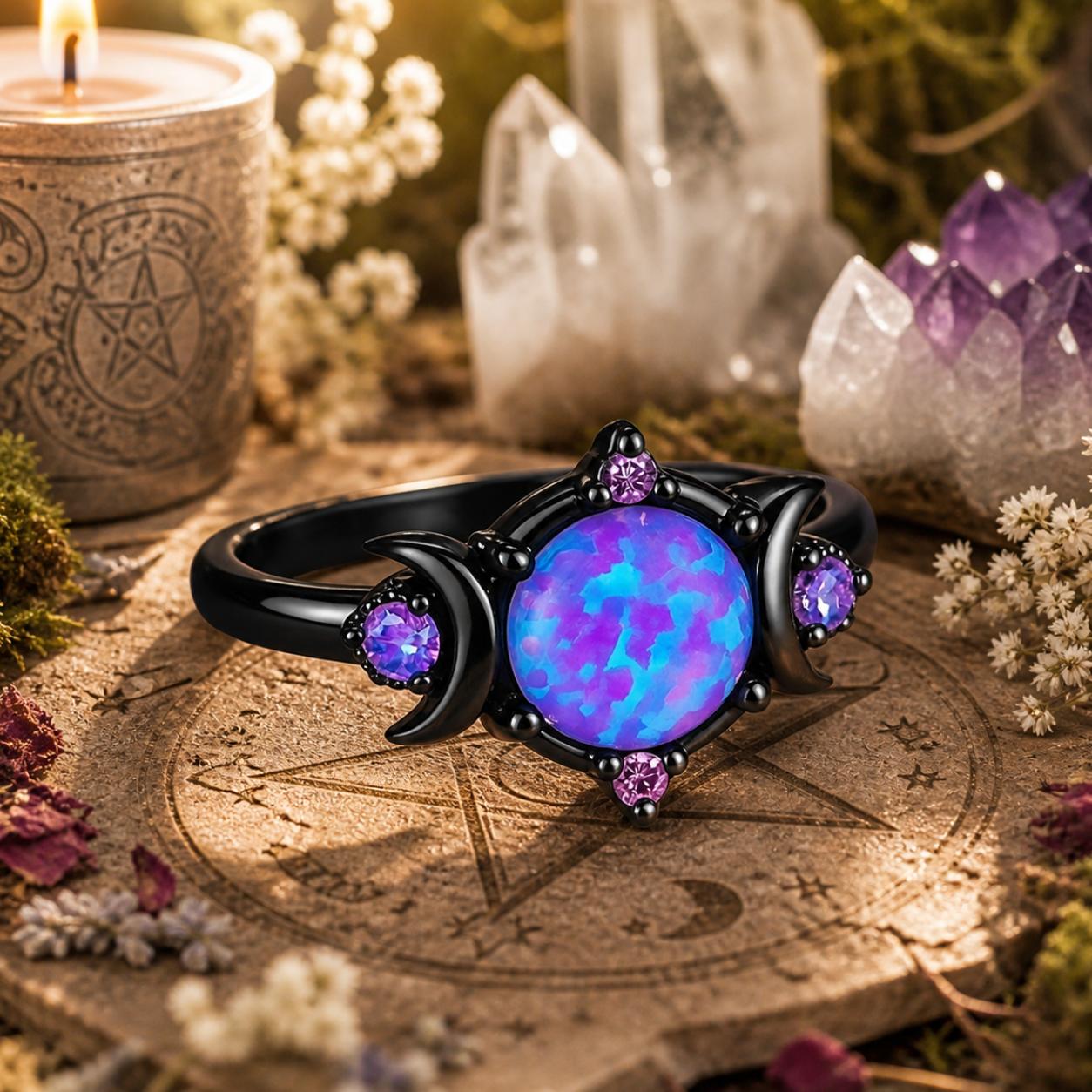 Purple Crystal Triple Moon Black Rings for Wiccan Pagan Jewelry-MoonChildWorld
