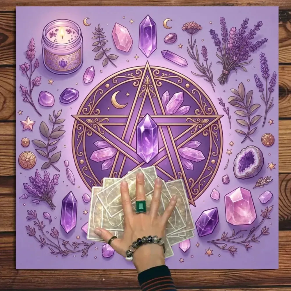 Botanical pentagram purple altar cloth โ Wiccan tarot mat with moon and crystal motifs