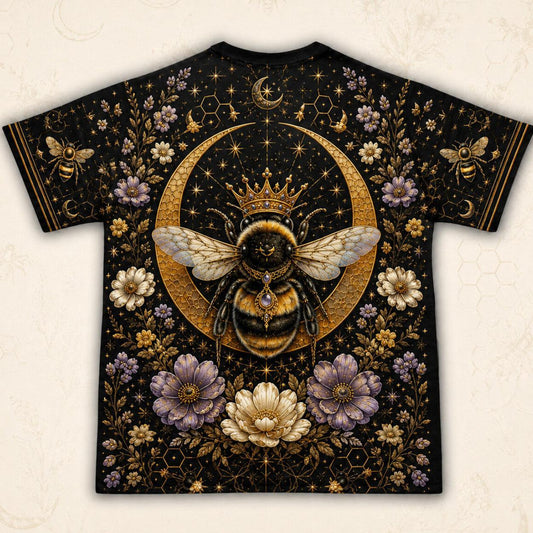 Queen Bee Crescent Moon T-Shirt Gold Black Floral Witch Tee back view