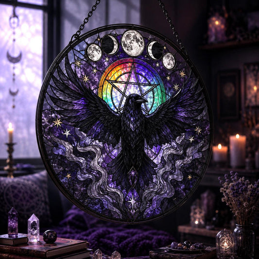 Rainbow Pentacle Raven Glass Suncatcher - hanging view