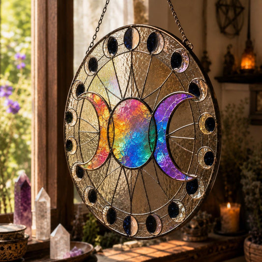 Rainbow Triple Moon Glass Suncatcher - close up detail