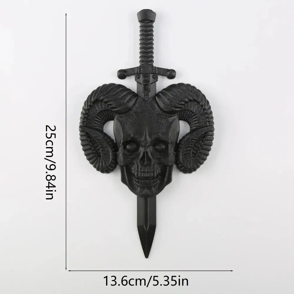 Ram skull and sword plaque dimension diagram, 13.6 cm wide and 25 cm high