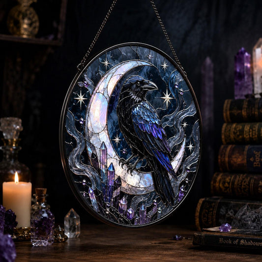 Raven Crescent Moon Crystal Glass Suncatcher - hanging view