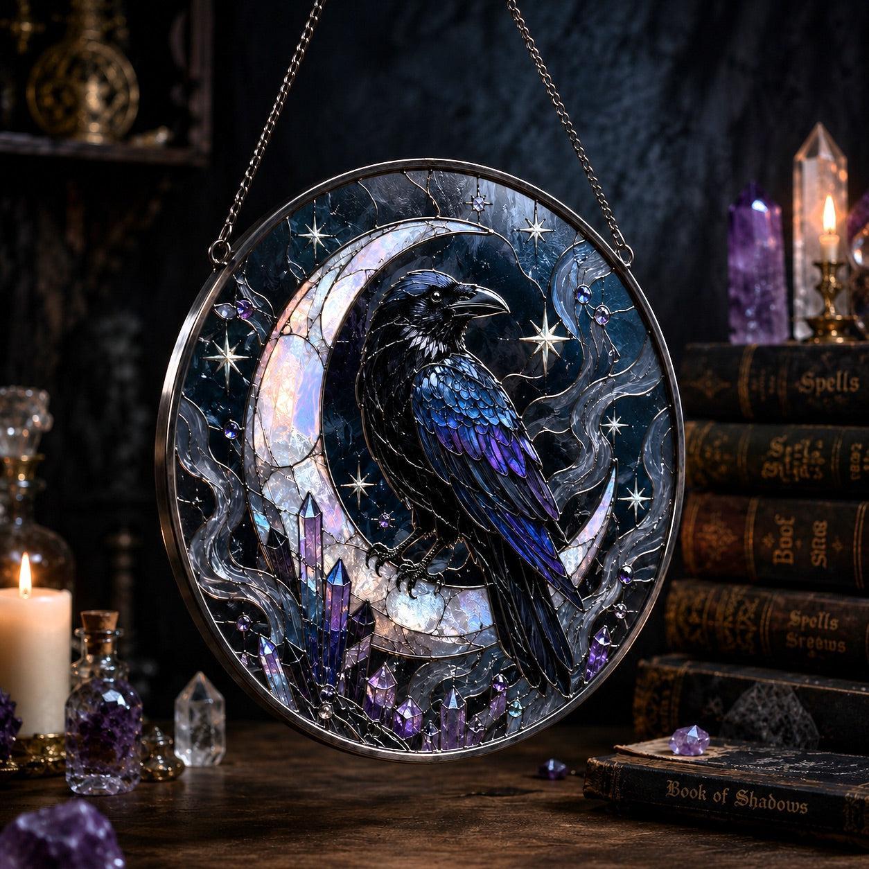 Raven Crescent Moon Crystal Glass Suncatcher - close up detail