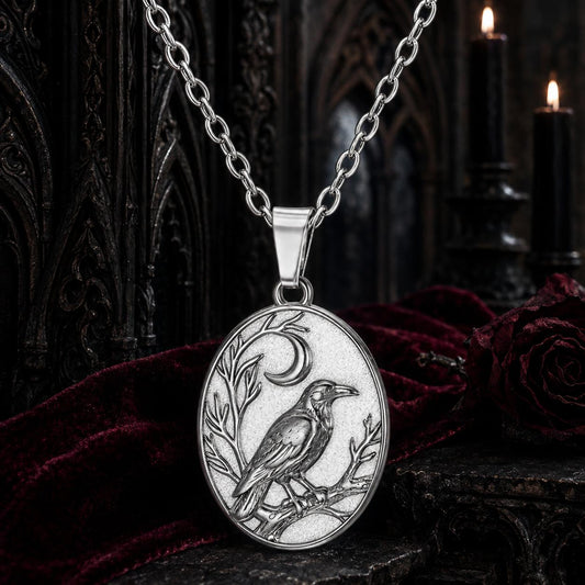 Silver Gothic crow amulet pendant with crescent moon in a cathedral scene