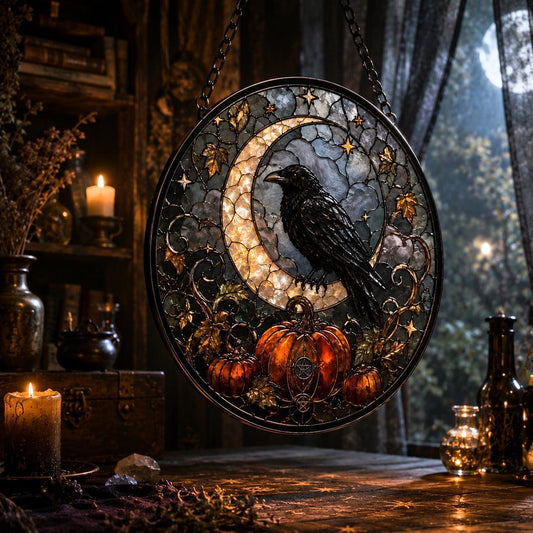 Raven Crescent Moon Pumpkin Glass Suncatcher - hanging view