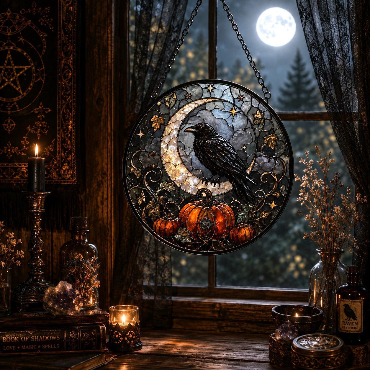Raven Crescent Moon Pumpkin Glass Suncatcher - sunlight glow