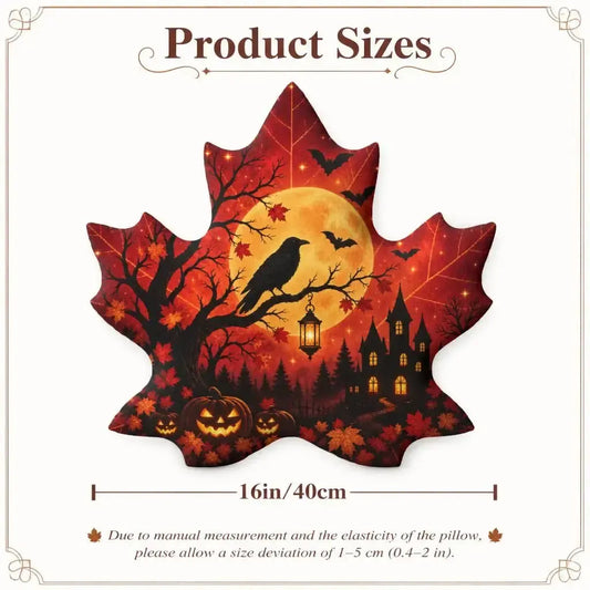 Size guide showing 16 inch / 40 cm: decorative plush pillow featuring maple leaf with raven, haunted house and moon artwork