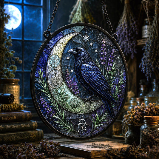 Raven Herb Moon Seal Glass Suncatcher - hanging view