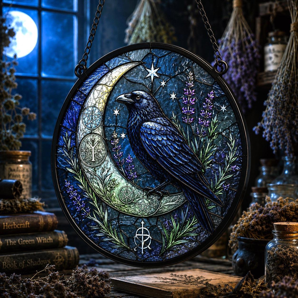 Raven Herb Moon Seal Glass Suncatcher - close up detail