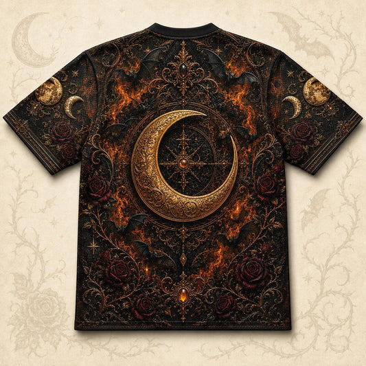 Raven Horned Moon Goddess Halloween T-Shirt Pumpkin Gothic Tee back view