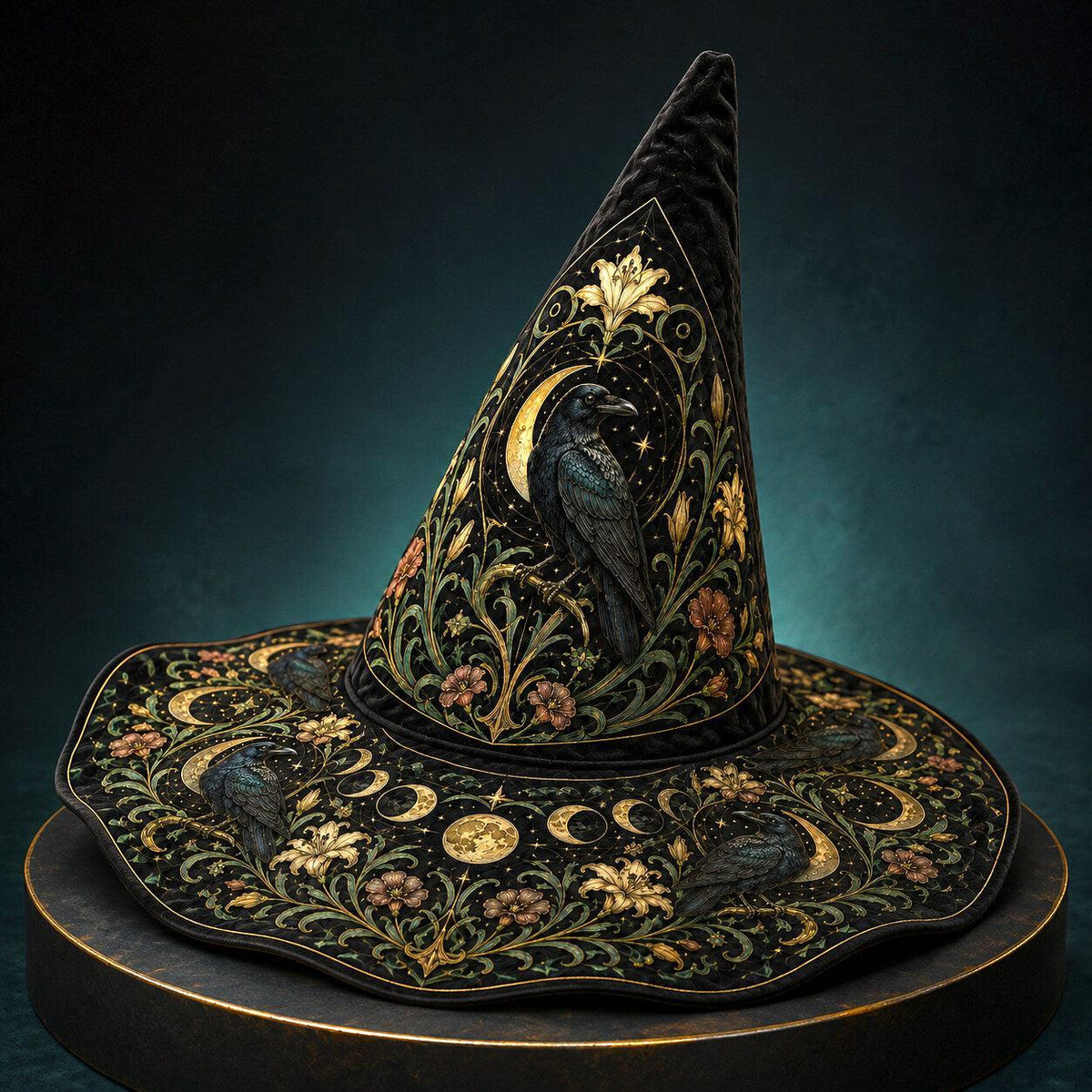 Raven Lily Witch Hat – Botanical Moon Pagan Wide Brim Hat – held in both hands