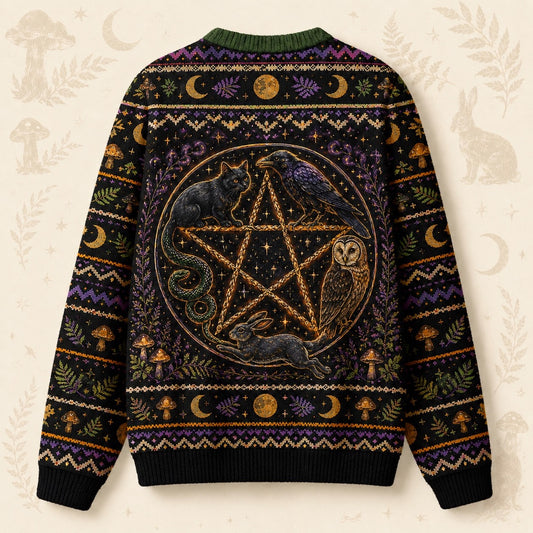 Raven Owl Hare Sweater Cauldron Pentacle Green Witch Knit back view