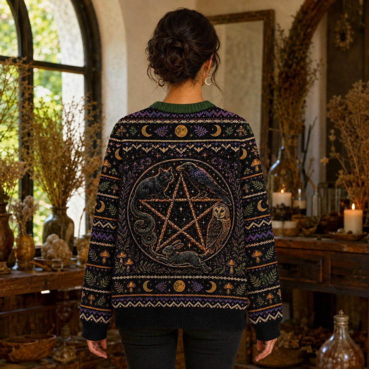 Raven Owl Hare Sweater Cauldron Pentacle Green Witch Knit worn, back view